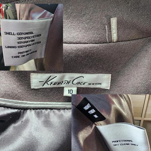 Kenneth Cole New York. Greyish-Brown Wool Blend Pea Coat. Size: 10